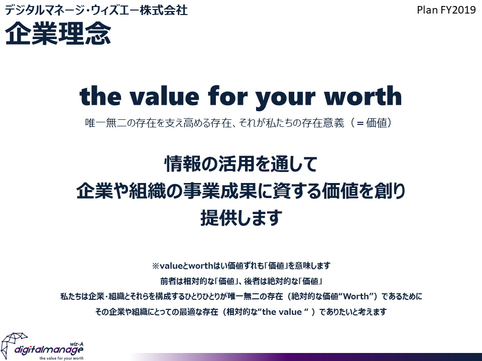 情報の活用を通して 企業や組織の事業成果に資する 価値を創り、提供します the value for your worth 唯一無二の存在を支え高める存在、それが私たちの存在意義（価値） ※valueとworthはいずれも「価値」を意味します 前者は相対的な「価値」、後者は絶対的な「価値」 私たちは企業・組織とそれらを構成するひとりひとりが唯一無二の存在（絶対的な価値“Worth”）であるために その企業や組織にとっての最適な存在（相対的な価値“the value “ ）でありたいと考えます